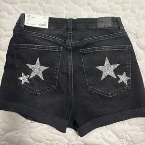 Black Denim Shorts with Star Accents